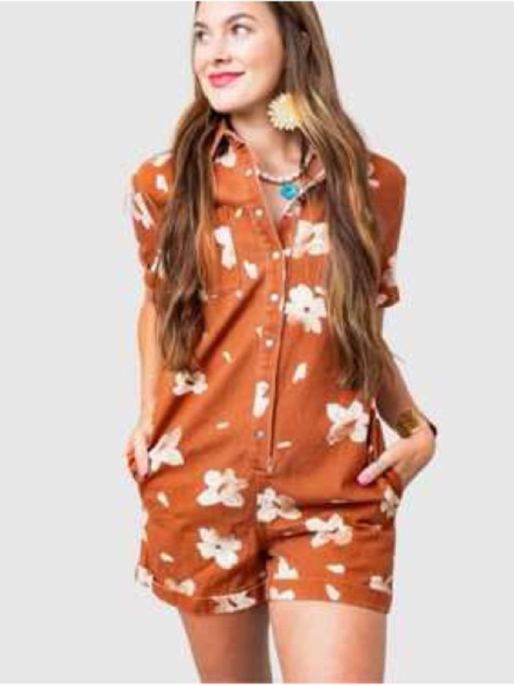 Storia Rust Floral Denim Button Front Romper Sz M
